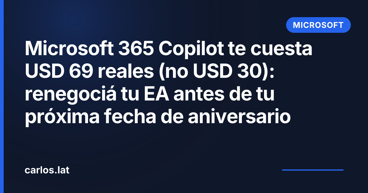 Microsoft 365 Copilot te cuesta USD 69 reales (no USD 30): renegociá tu EA antes de tu próxima fecha de aniversario